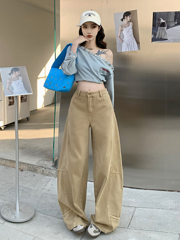 Cardydony Women's Wide Leg Jeans in Khaki & White | High Waist Curved Hem Vintage Trousers