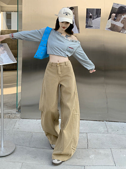 Cardydony Women's Wide Leg Jeans in Khaki & White | High Waist Curved Hem Vintage Trousers