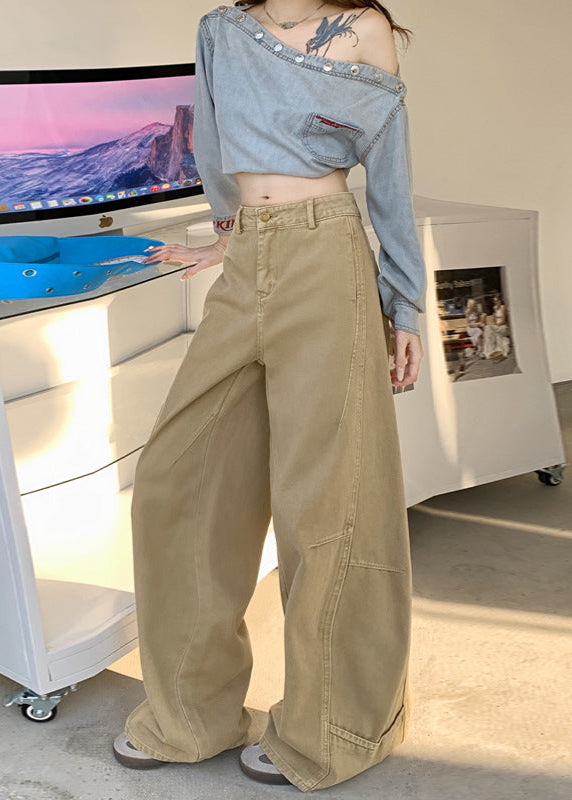 Cardydony Women's Wide Leg Jeans in Khaki & White | High Waist Curved Hem Vintage Trousers