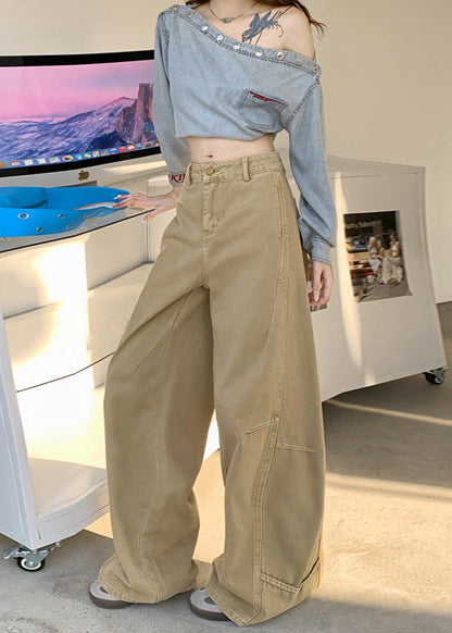 Cardydony Women's Wide Leg Jeans in Khaki & White | High Waist Curved Hem Vintage Trousers