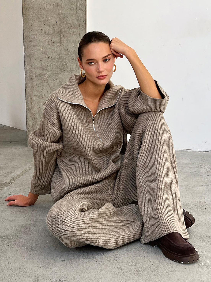 Cardydony Women's Women's Knit 2 Piece Set – Half Zip Sweater and Wide Leg Pants