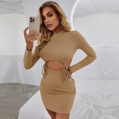 Cardydony Women's Women's Long Sleeve Mini Dress – Hollow-Out Crewneck Ruched Waist