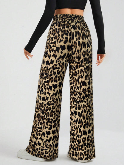 Cardydony Women's Leopard Print High Waist Wide Leg Pants – Streetwear Knit Trousers
