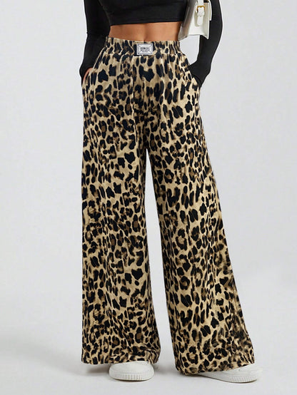 Cardydony Women's Leopard Print High Waist Wide Leg Pants – Streetwear Knit Trousers