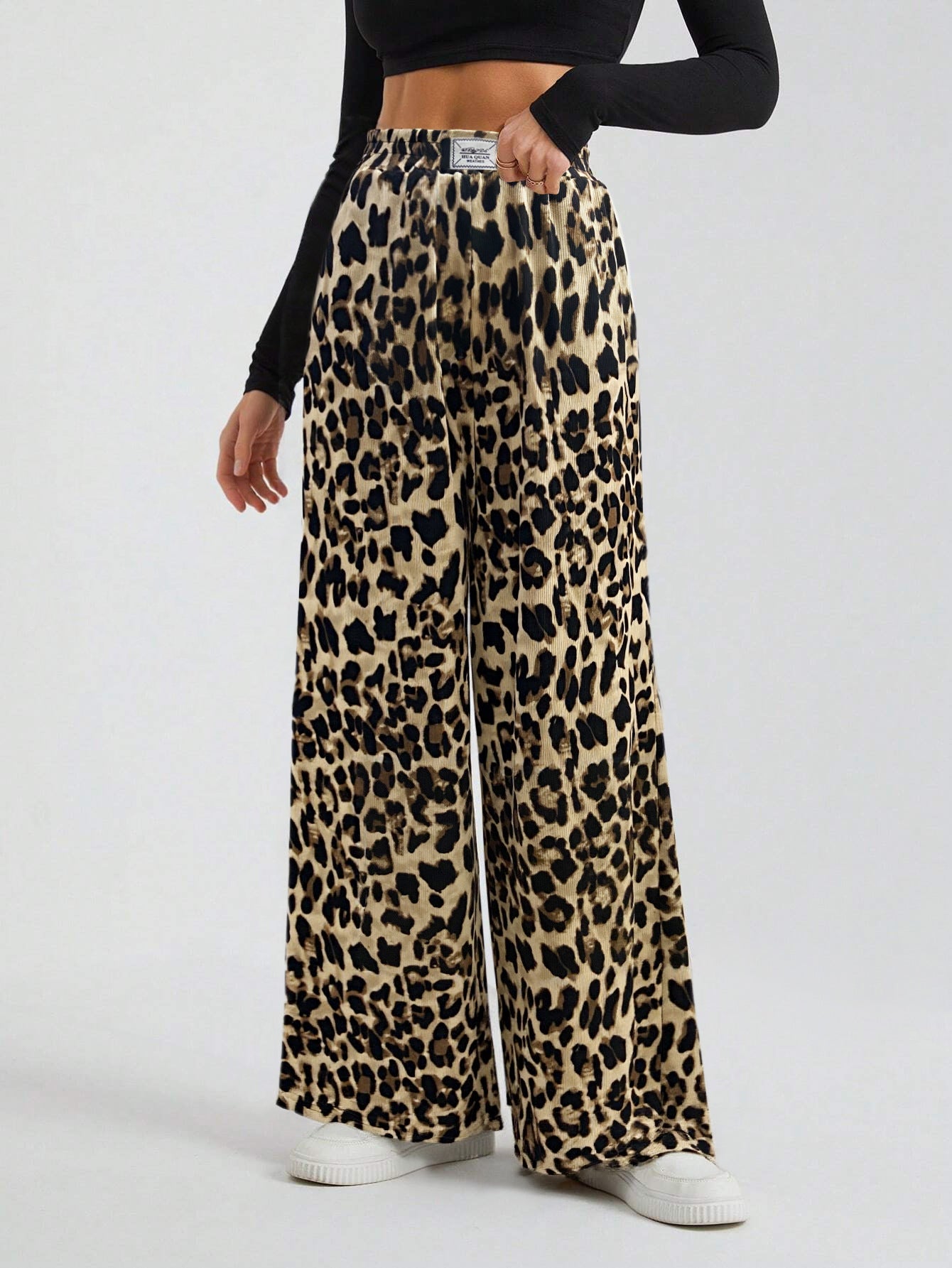 Cardydony Women's Leopard Print High Waist Wide Leg Pants – Streetwear Knit Trousers