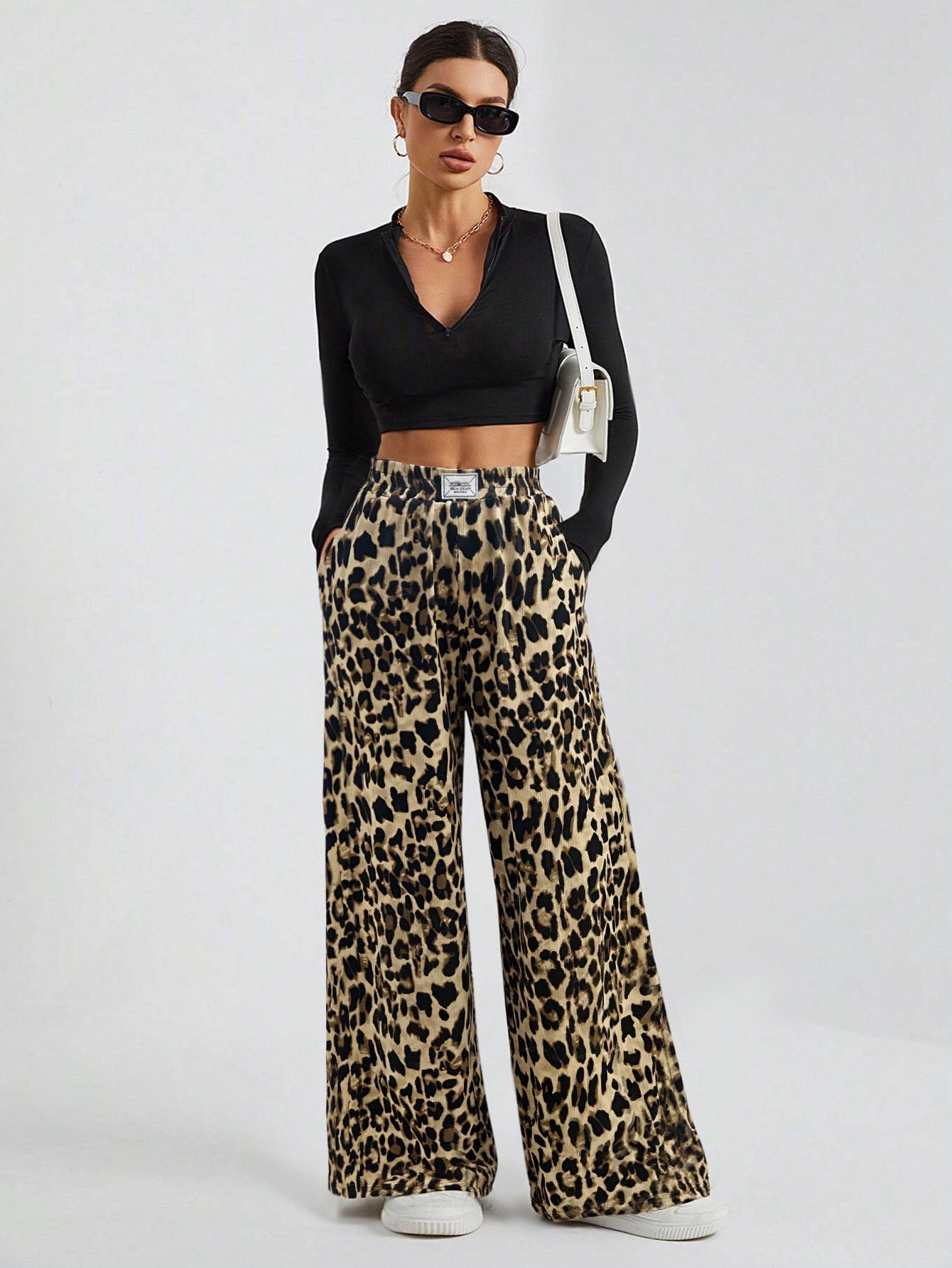 Cardydony Women's Leopard Print High Waist Wide Leg Pants – Streetwear Knit Trousers