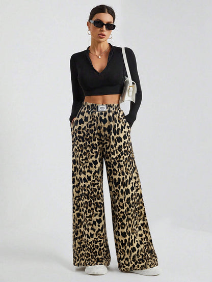 Cardydony Women's Leopard Print High Waist Wide Leg Pants – Streetwear Knit Trousers