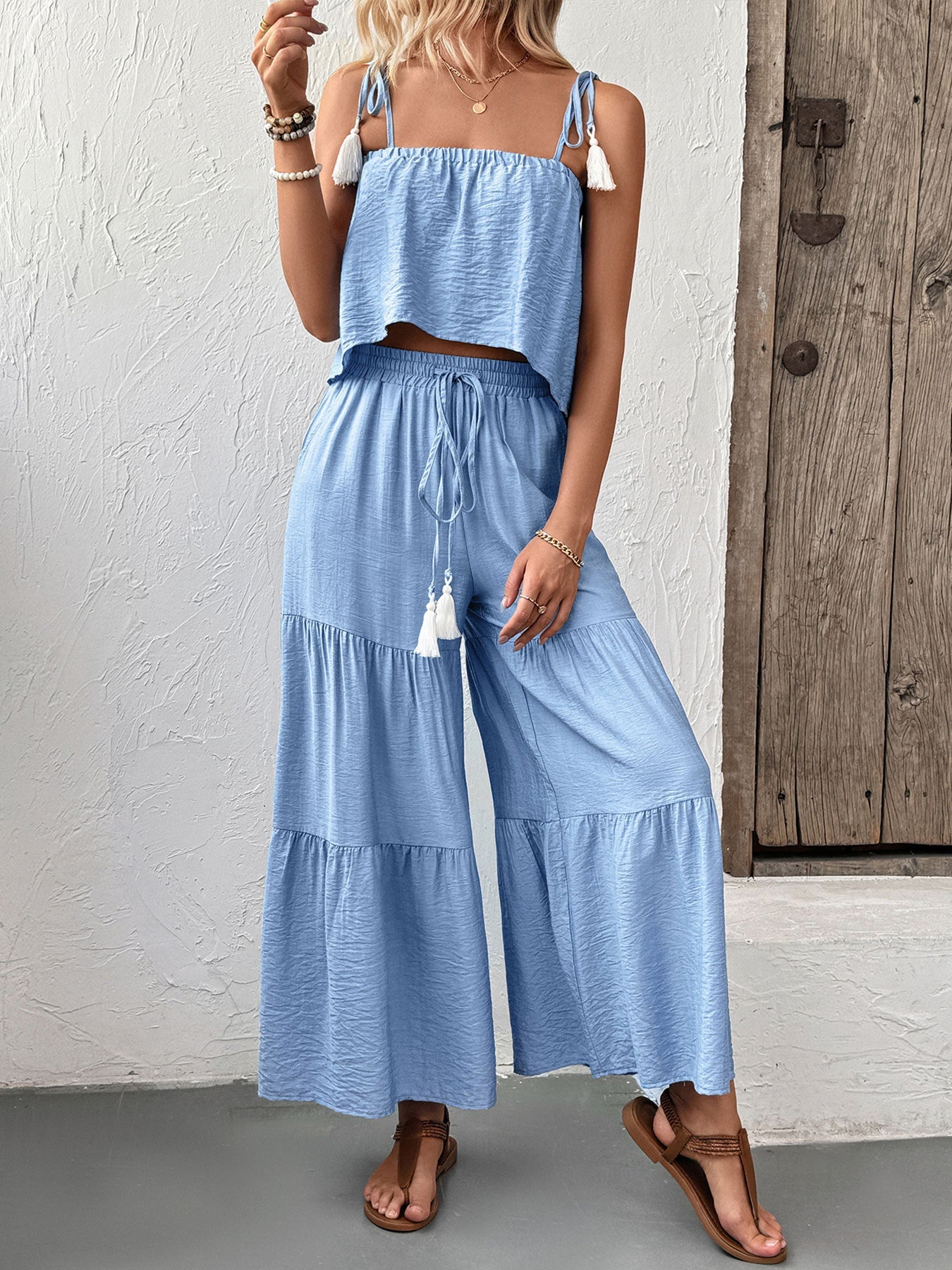 Cardydony Women's Light Blue Two Piece Set – Flowy Summer Pants & Matching Cami Top