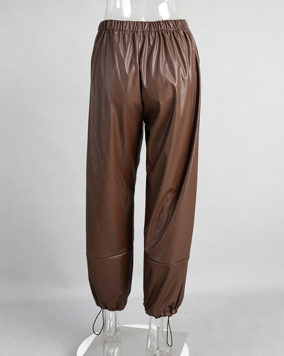 Cardydony Women's PU Leather Women's Pants – Wide Leg Streetwear Drawstring Trousers