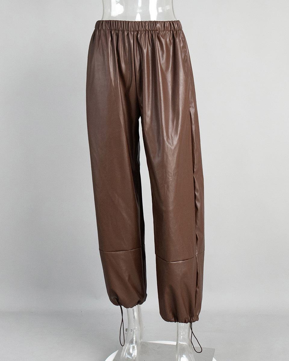Cardydony Women's PU Leather Women's Pants – Wide Leg Streetwear Drawstring Trousers