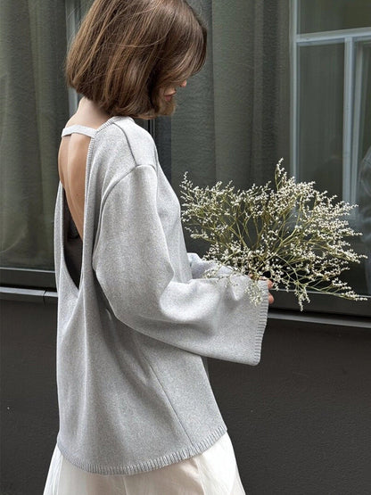 Cardydony Women's Women's Knit Sweater -  Backless Open Back Long Sleeve Top