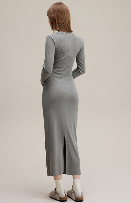 Cardydony Women's Women's Long Sleeve Bodycon Maxi — Ribbed Knit, Back-Slit
