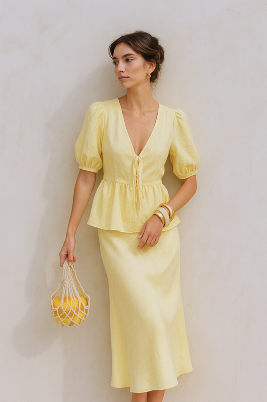 Cardydony Women's Cotton Puff Sleeve Top and Long Skirt Set – Summer Two-Piece Outfit