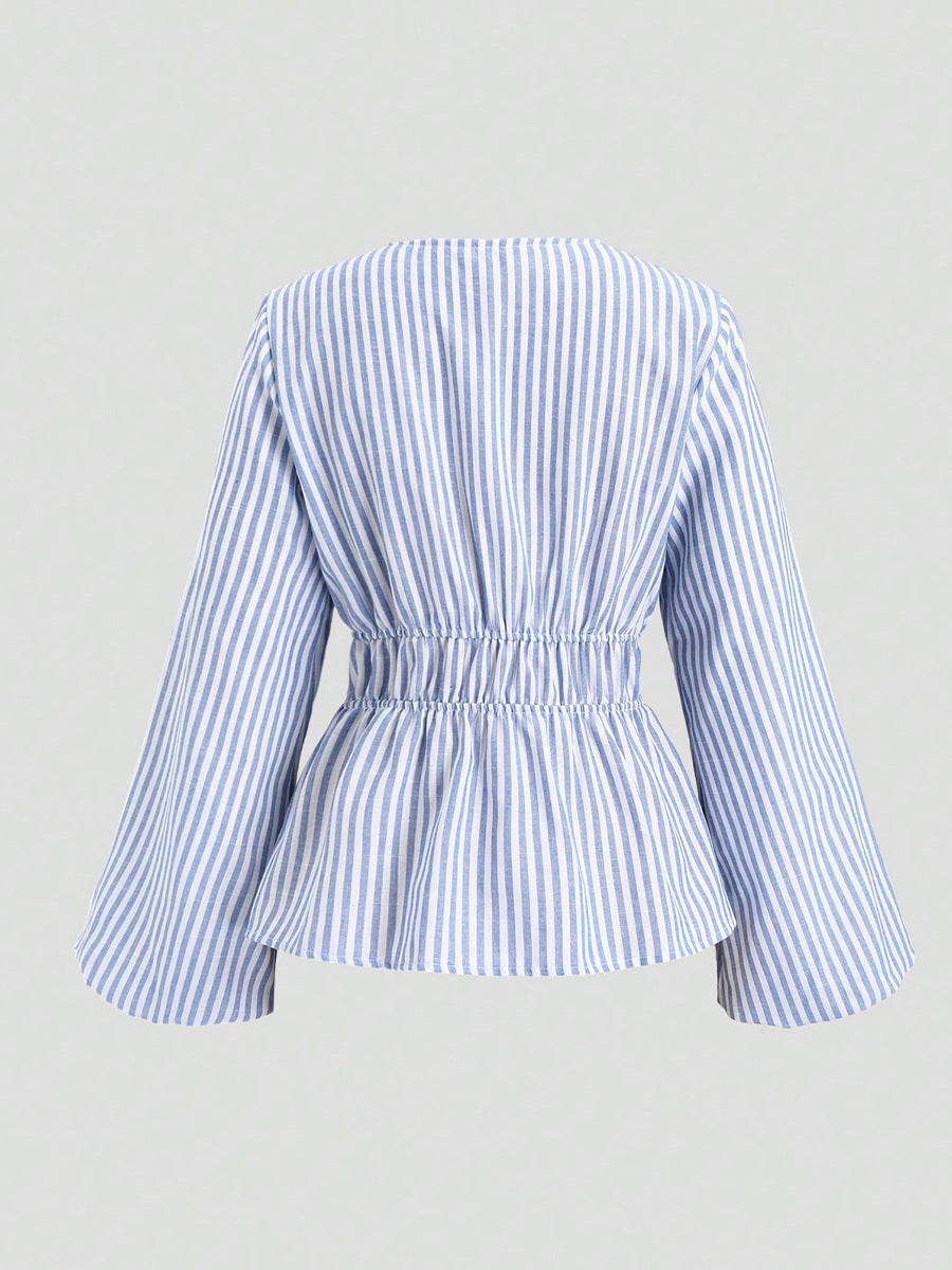 Cardydony Women's Blue Striped Tie Waist Long Sleeve Blouse – Women's Casual Top