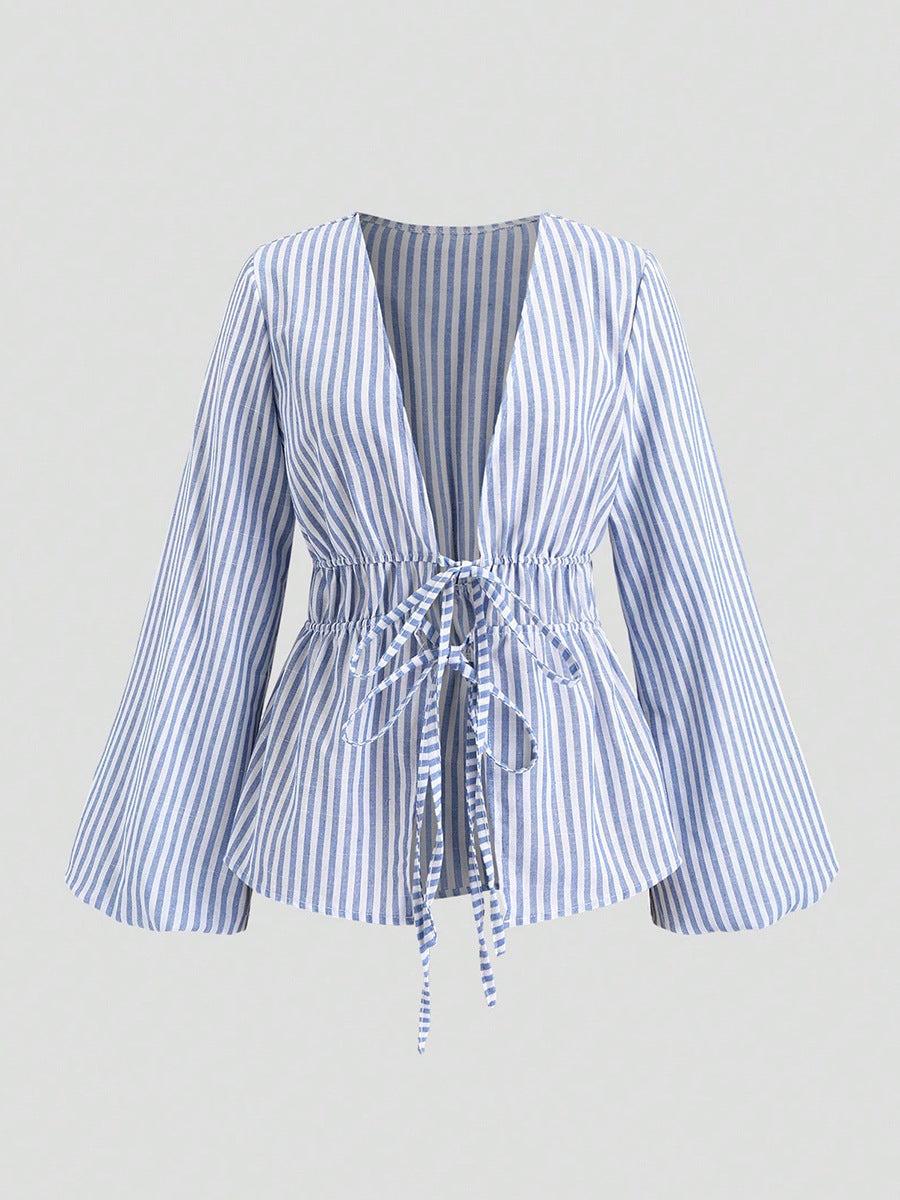 Cardydony Women's Blue Striped Tie Waist Long Sleeve Blouse – Women's Casual Top