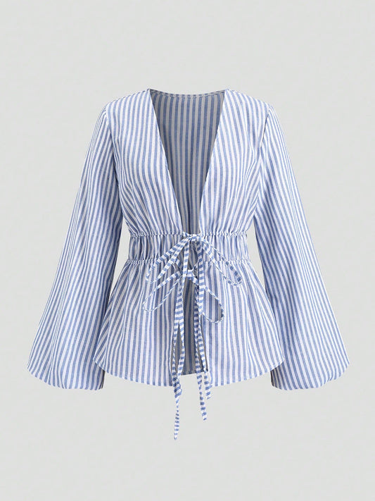Cardydony Women's Blue Striped Tie Waist Long Sleeve Blouse – Women's Casual Top