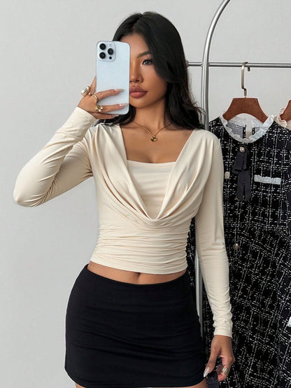 Cardydony Women's Women's Draped Long Sleeve Crop Top – Cowl Square Neck Ruched Top