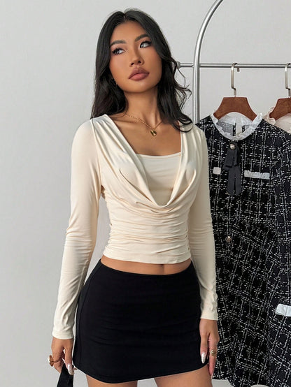 Cardydony Women's Women's Draped Long Sleeve Crop Top – Cowl Square Neck Ruched Top