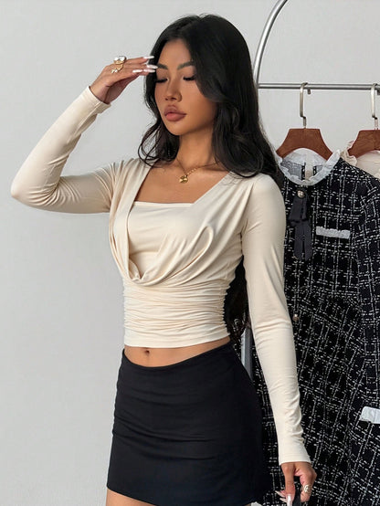 Cardydony Women's Women's Draped Long Sleeve Crop Top – Cowl Square Neck Ruched Top