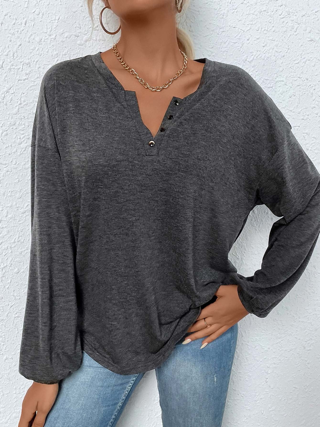 Cardydony Women's Women's Long Sleeve Henley T-Shirt – Relaxed Fit Split Neck Mélange Top