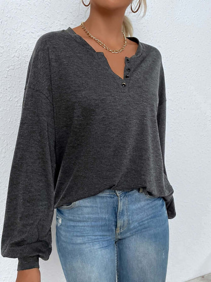 Cardydony Women's Women's Long Sleeve Henley T-Shirt – Relaxed Fit Split Neck Mélange Top