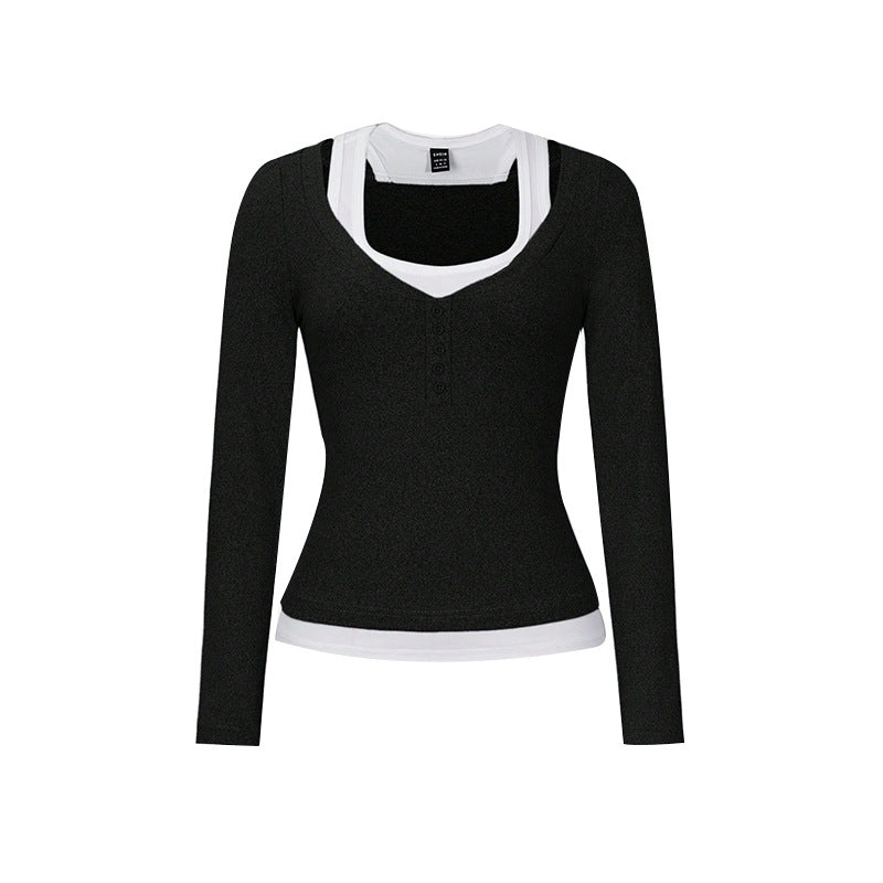 Cardydony Women's Women's Contrast Layered Long Sleeve Top – Faux Halter, Button Placket
