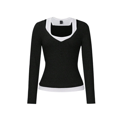 Cardydony Women's Women's Contrast Layered Long Sleeve Top – Faux Halter, Button Placket
