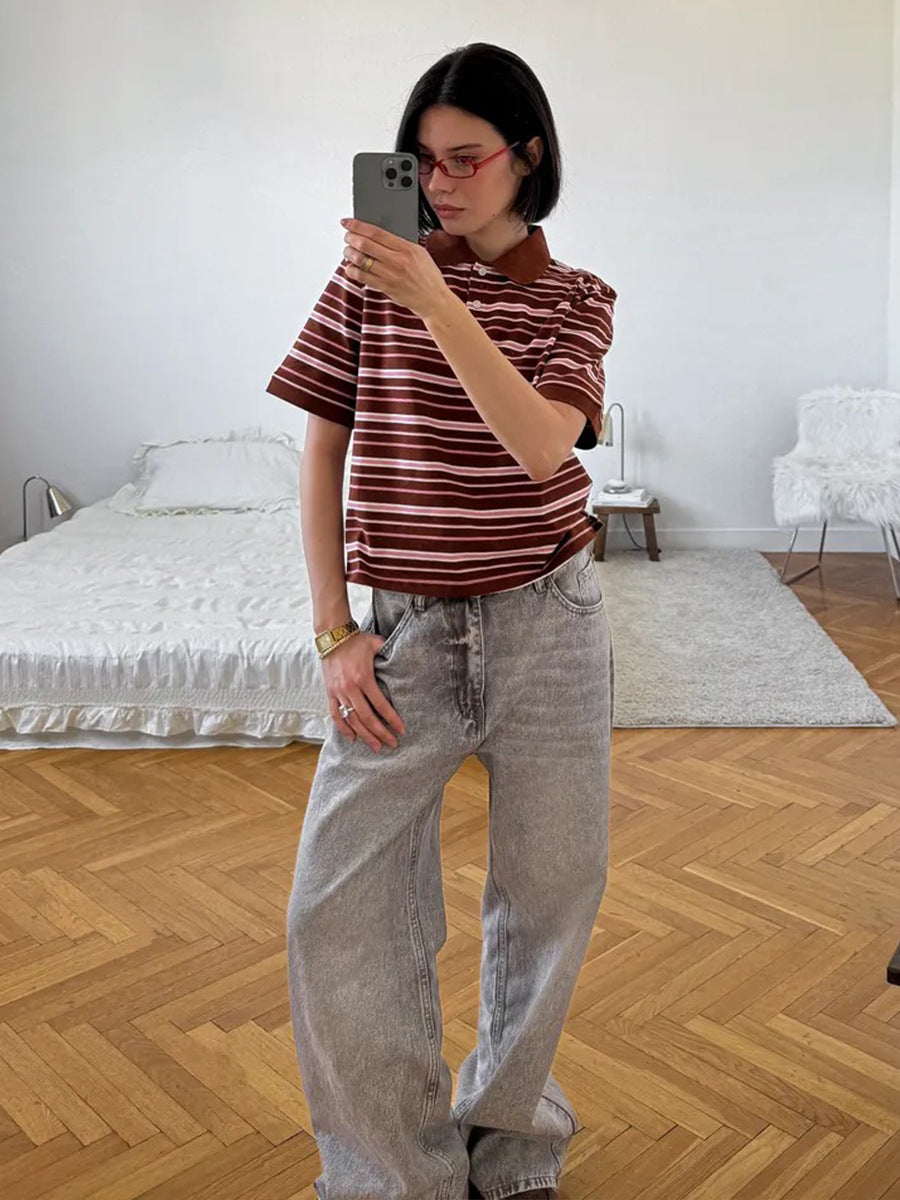 Cardydony Women's Loose Fit Polo T-Shirt | Retro Casual Style with Contrast Stripes & Soft Knit
