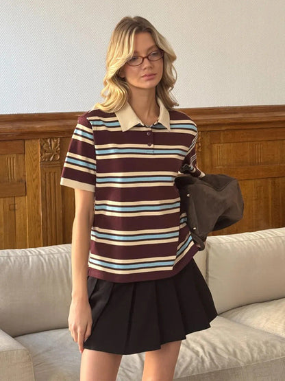 Cardydony Women's Loose Fit Polo T-Shirt | Retro Casual Style with Contrast Stripes & Soft Knit