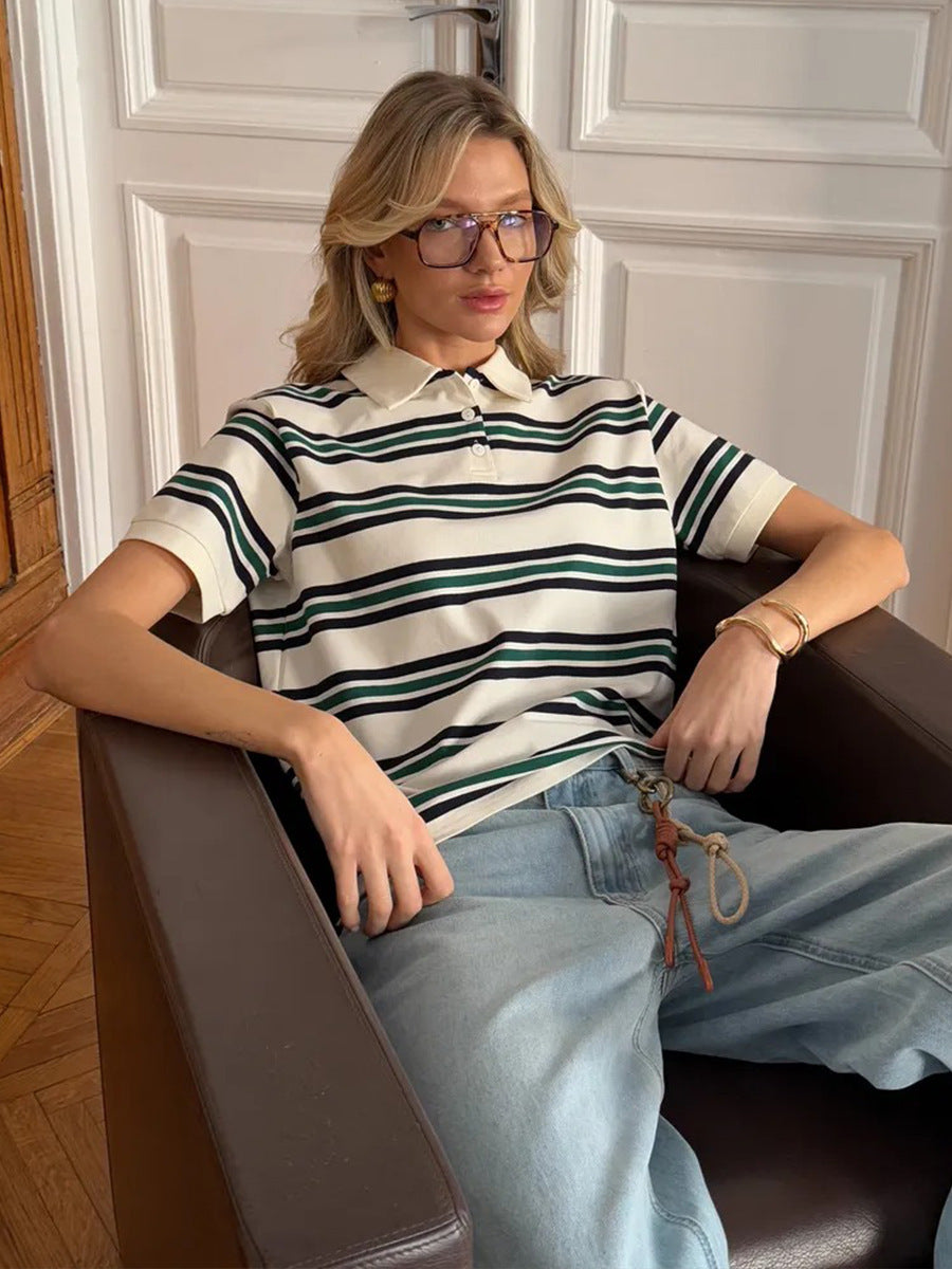 Cardydony Women's Loose Fit Polo T-Shirt | Retro Casual Style with Contrast Stripes & Soft Knit