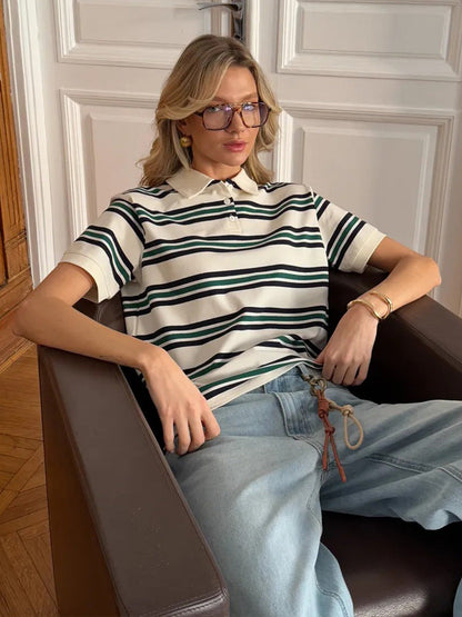 Cardydony Women's Loose Fit Polo T-Shirt | Retro Casual Style with Contrast Stripes & Soft Knit