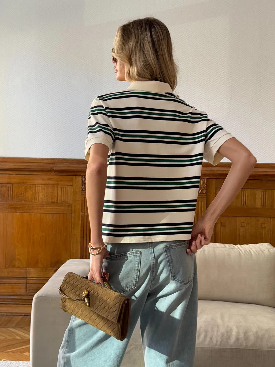 Cardydony Women's Loose Fit Polo T-Shirt | Retro Casual Style with Contrast Stripes & Soft Knit