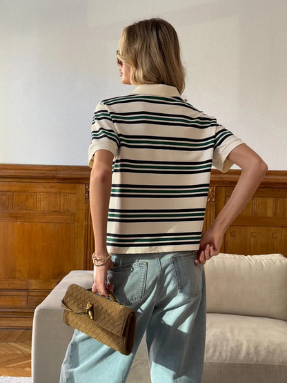 Cardydony Women's Loose Fit Polo T-Shirt | Retro Casual Style with Contrast Stripes & Soft Knit