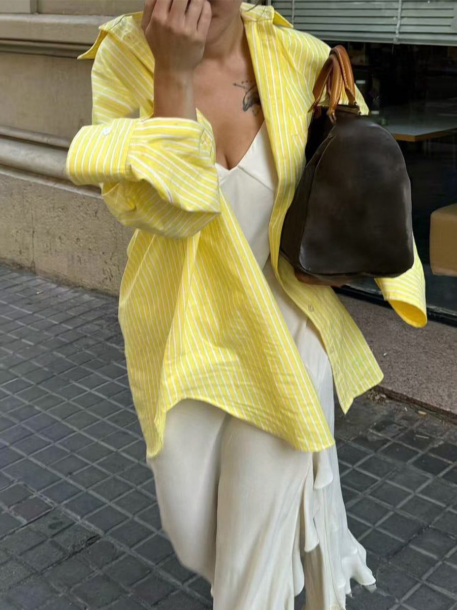 Cardydony Women's Yellow Striped Shirt – Oversized Button Down Long Sleeve