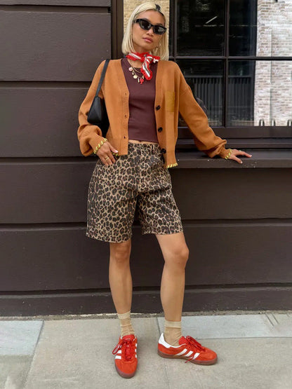 Cardydony Women's Low Waist Leopard Print Cotton Shorts | Retro Straight Fit Streetwear for Women