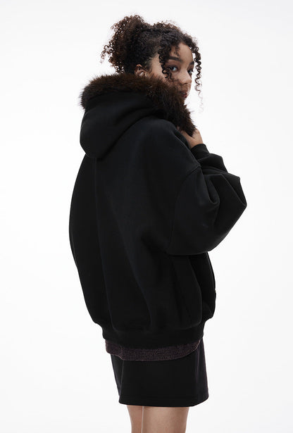 Cardydony Women's Fur Hood Zip Jacket for Women – Plush Streetwear, Oversized Cardigan