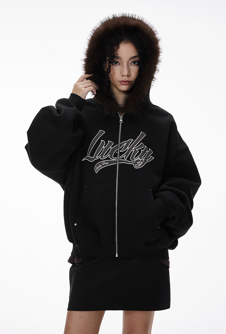 Cardydony Women's Fur Hood Zip Jacket for Women – Plush Streetwear, Oversized Cardigan