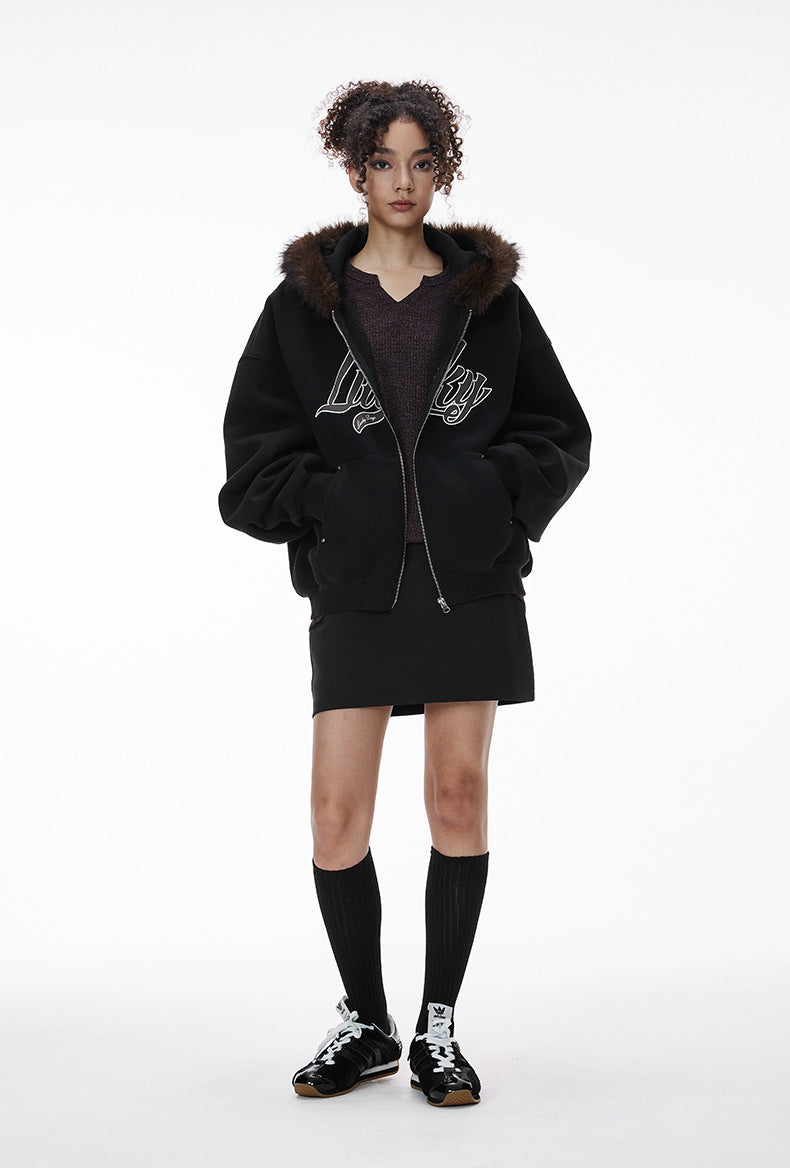 Cardydony Women's Fur Hood Zip Jacket for Women – Plush Streetwear, Oversized Cardigan