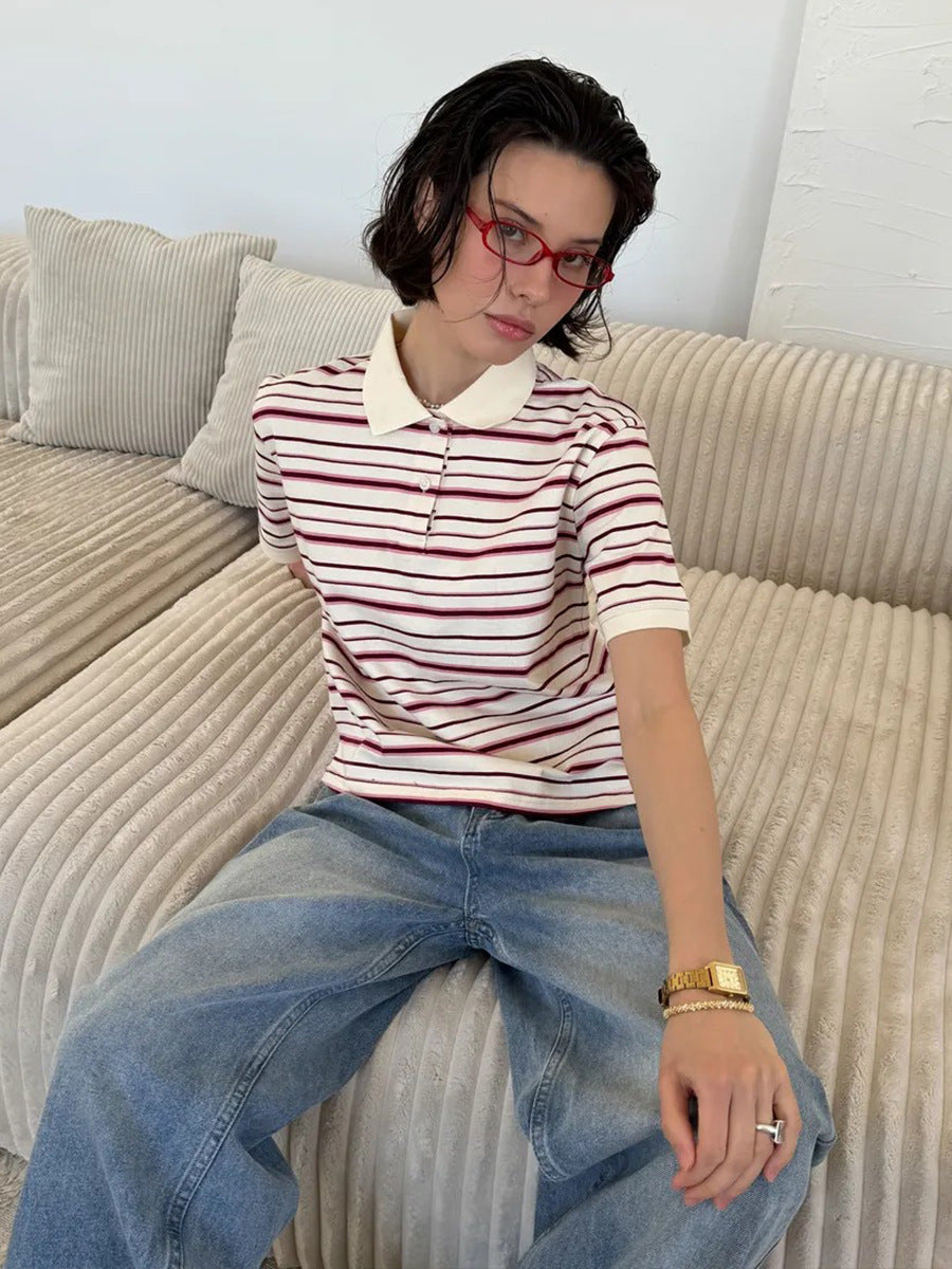 Cardydony Women's Loose Fit Polo T-Shirt | Retro Casual Style with Contrast Stripes & Soft Knit
