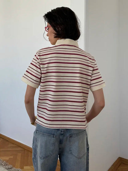 Cardydony Women's Loose Fit Polo T-Shirt | Retro Casual Style with Contrast Stripes & Soft Knit
