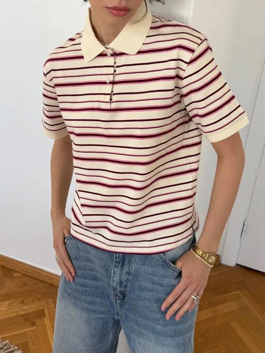 Cardydony Women's Loose Fit Polo T-Shirt | Retro Casual Style with Contrast Stripes & Soft Knit