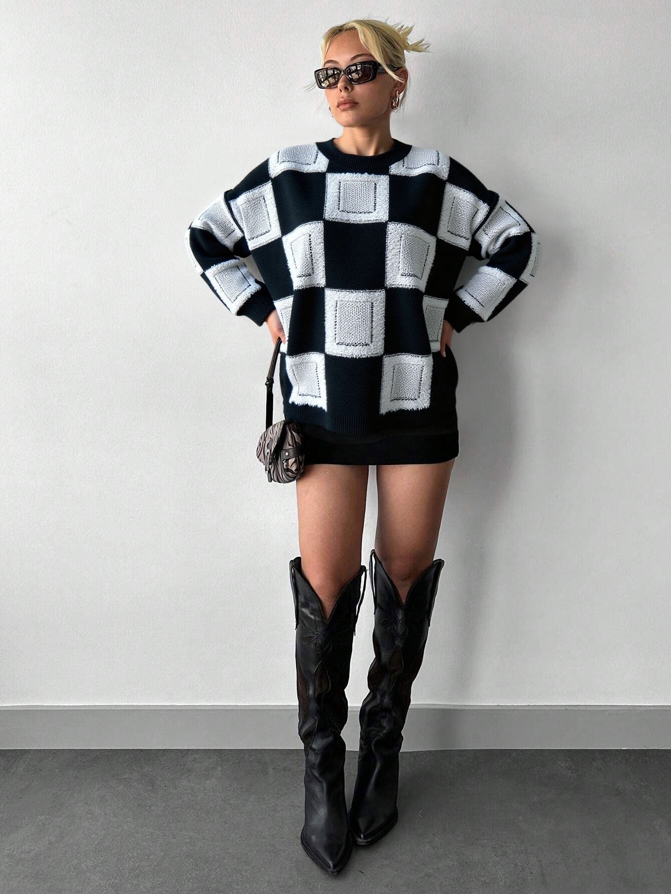 Cardydony Women's Geometric Checkered Mock Neck Knit – Oversized Pullover Sweater