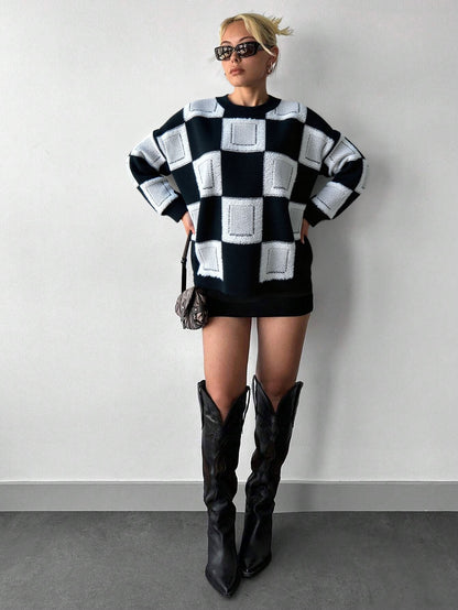 Cardydony Women's Geometric Checkered Mock Neck Knit – Oversized Pullover Sweater