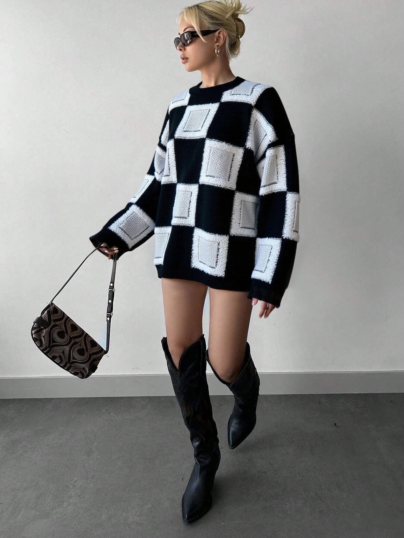 Cardydony Women's Geometric Checkered Mock Neck Knit – Oversized Pullover Sweater