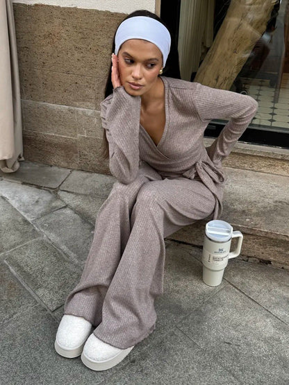 Cardydony Women's Gray Ribbed Knit Co Ord Set – Long Sleeve Crop Top & Wide Leg Pants