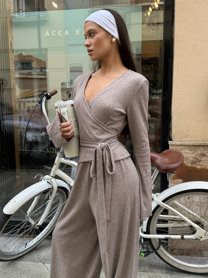 Cardydony Women's Gray Ribbed Knit Co Ord Set – Long Sleeve Crop Top & Wide Leg Pants