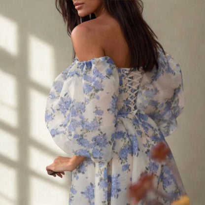 Cardydony Women's Off Shoulder Puff Sleeve Floral Maxi Dress – Sweetheart Slit Overlay Gown