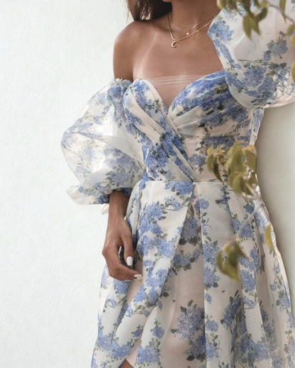 Cardydony Women's Off Shoulder Puff Sleeve Floral Maxi Dress – Sweetheart Slit Overlay Gown