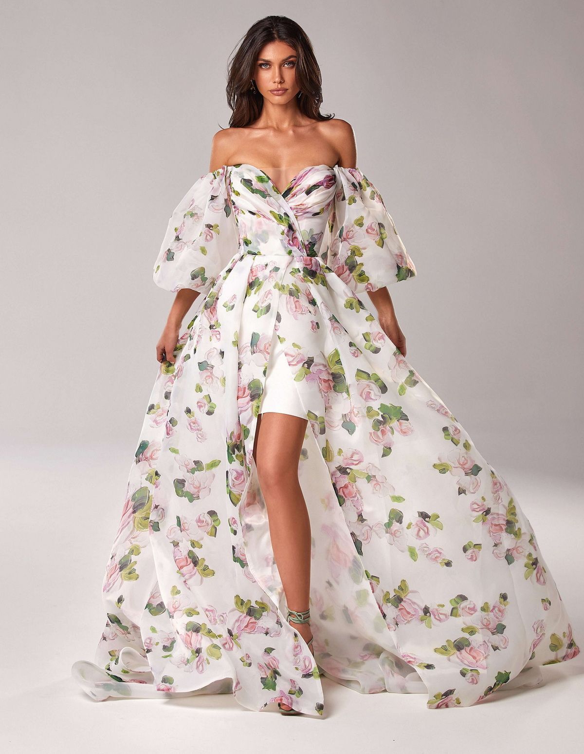 Cardydony Women's Off Shoulder Puff Sleeve Floral Maxi Dress – Sweetheart Slit Overlay Gown