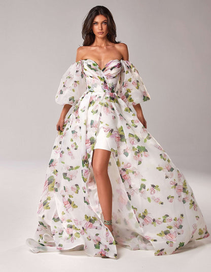 Cardydony Women's Off Shoulder Puff Sleeve Floral Maxi Dress – Sweetheart Slit Overlay Gown